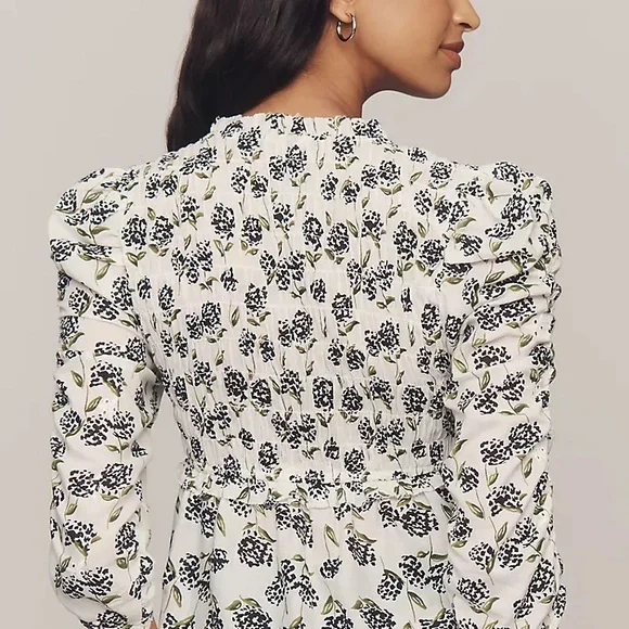 Anthropologie Black and White Floral Smocked Top - Picture 3 of 6